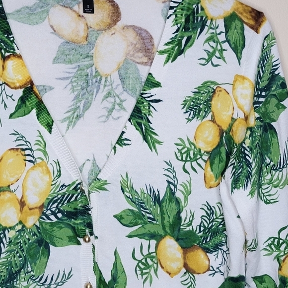 Talbots | Lemon Print V-neck Button Front 3/4 Sleeve Cardigan Sweater Size Small - Picture 2 of 5